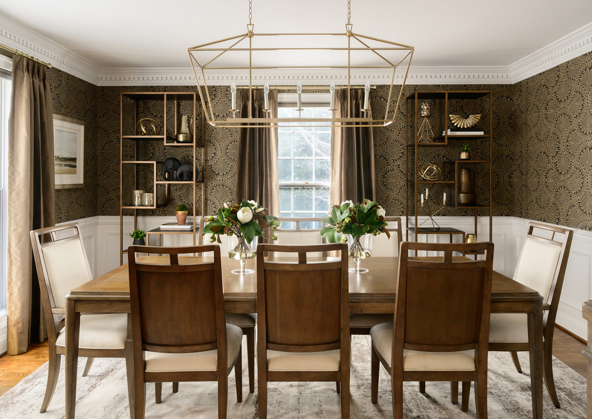 European style neutral dining room with wallpaper